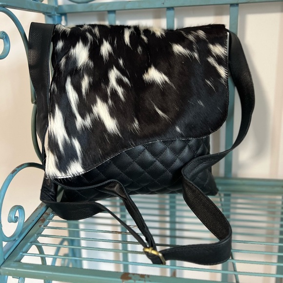 New Genuine Cowhide & Quilted Leather Crossbody Flap Bag Western Festival Black - Picture 10 of 16